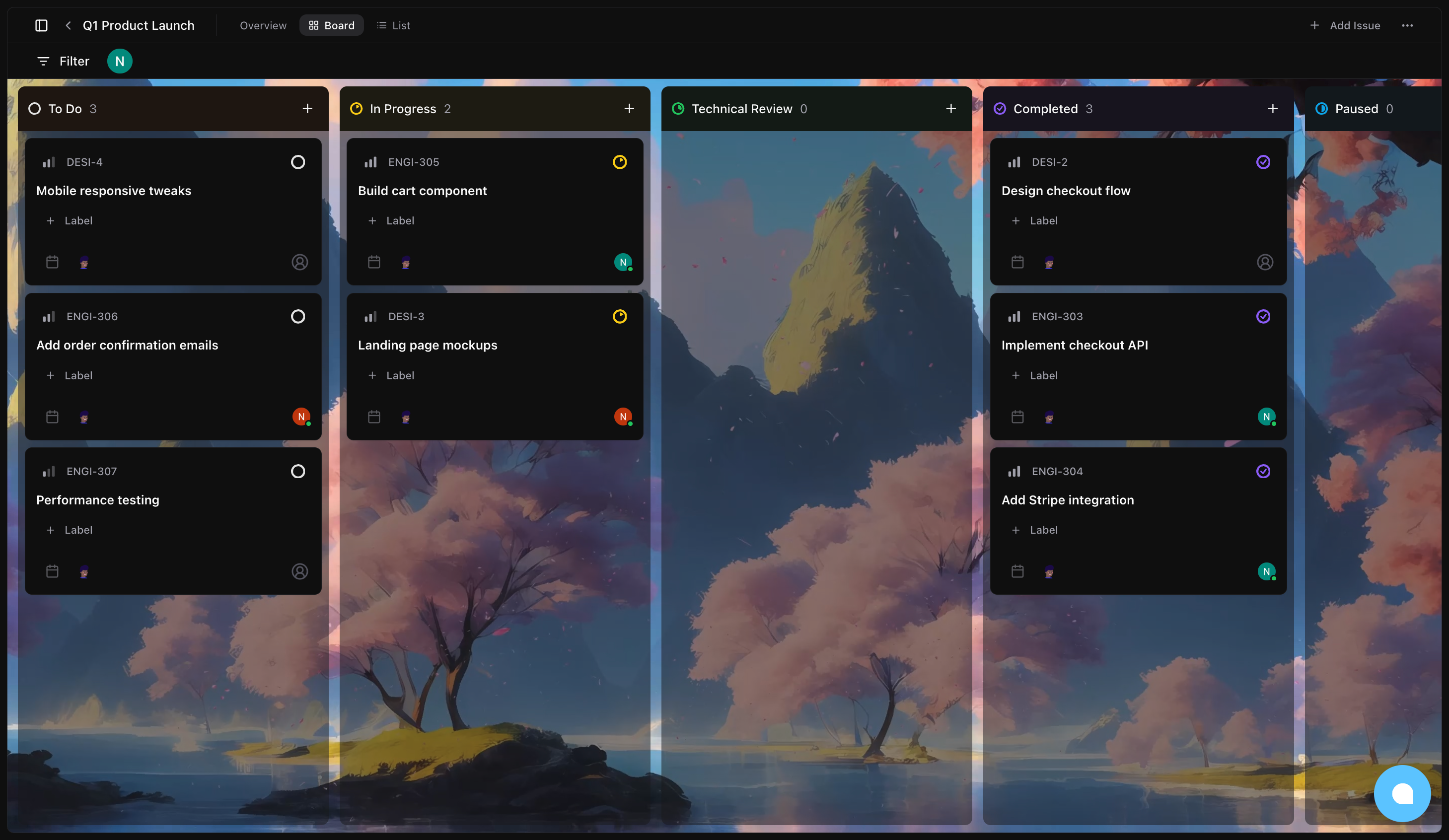 Project board view showing issues organized by status columns