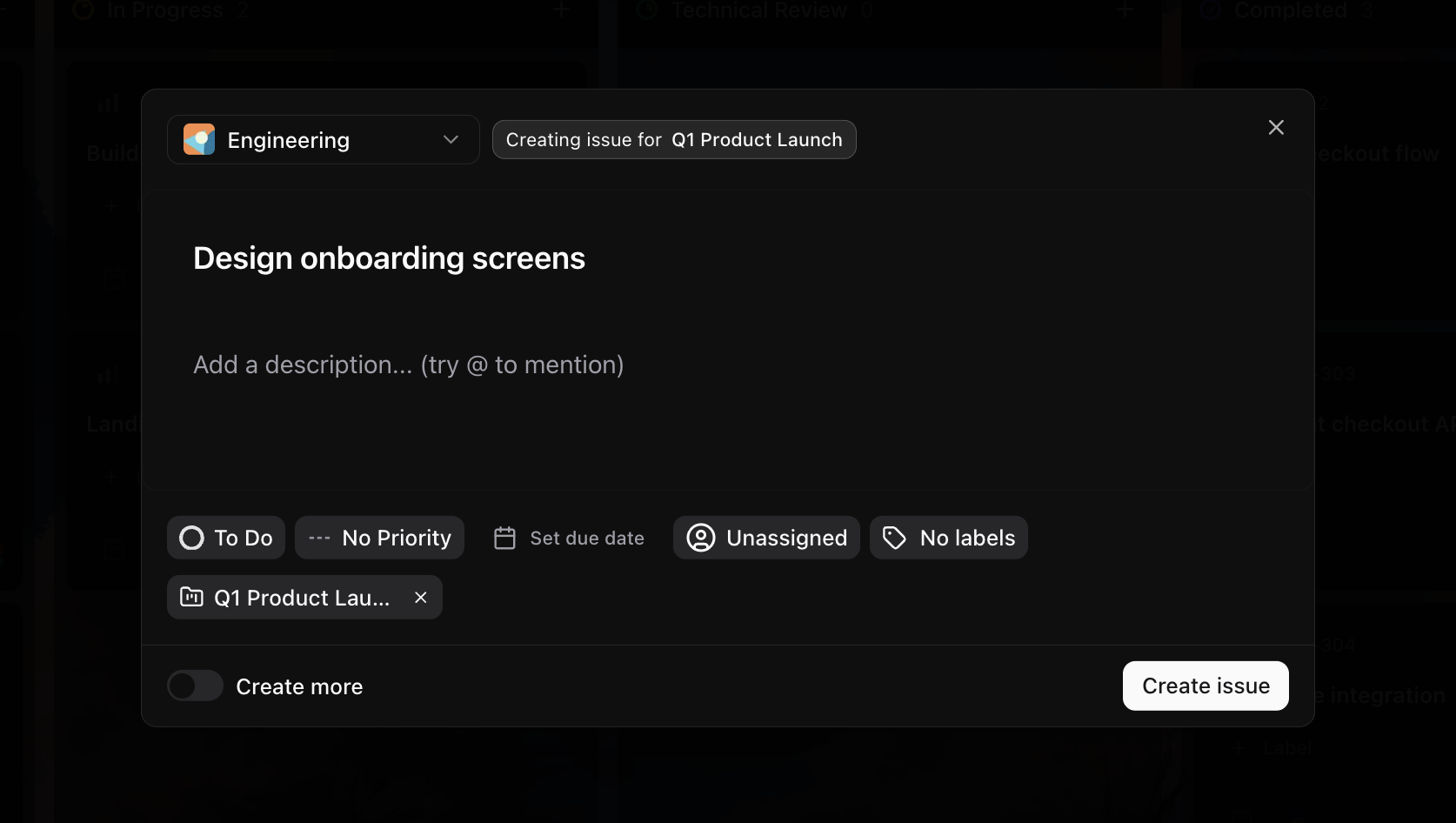 Creating an issue from a status column