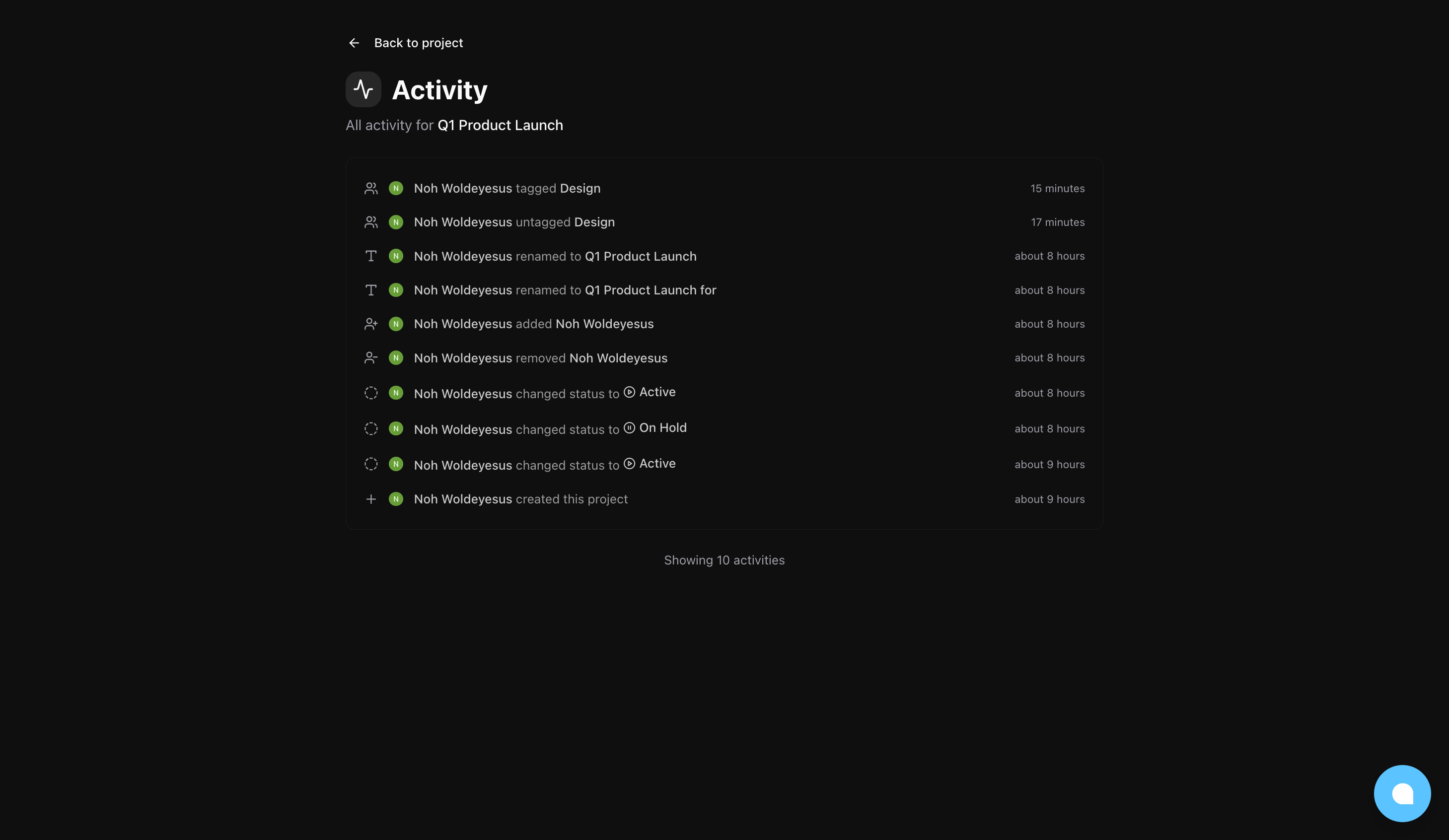 Full activity page with complete project history