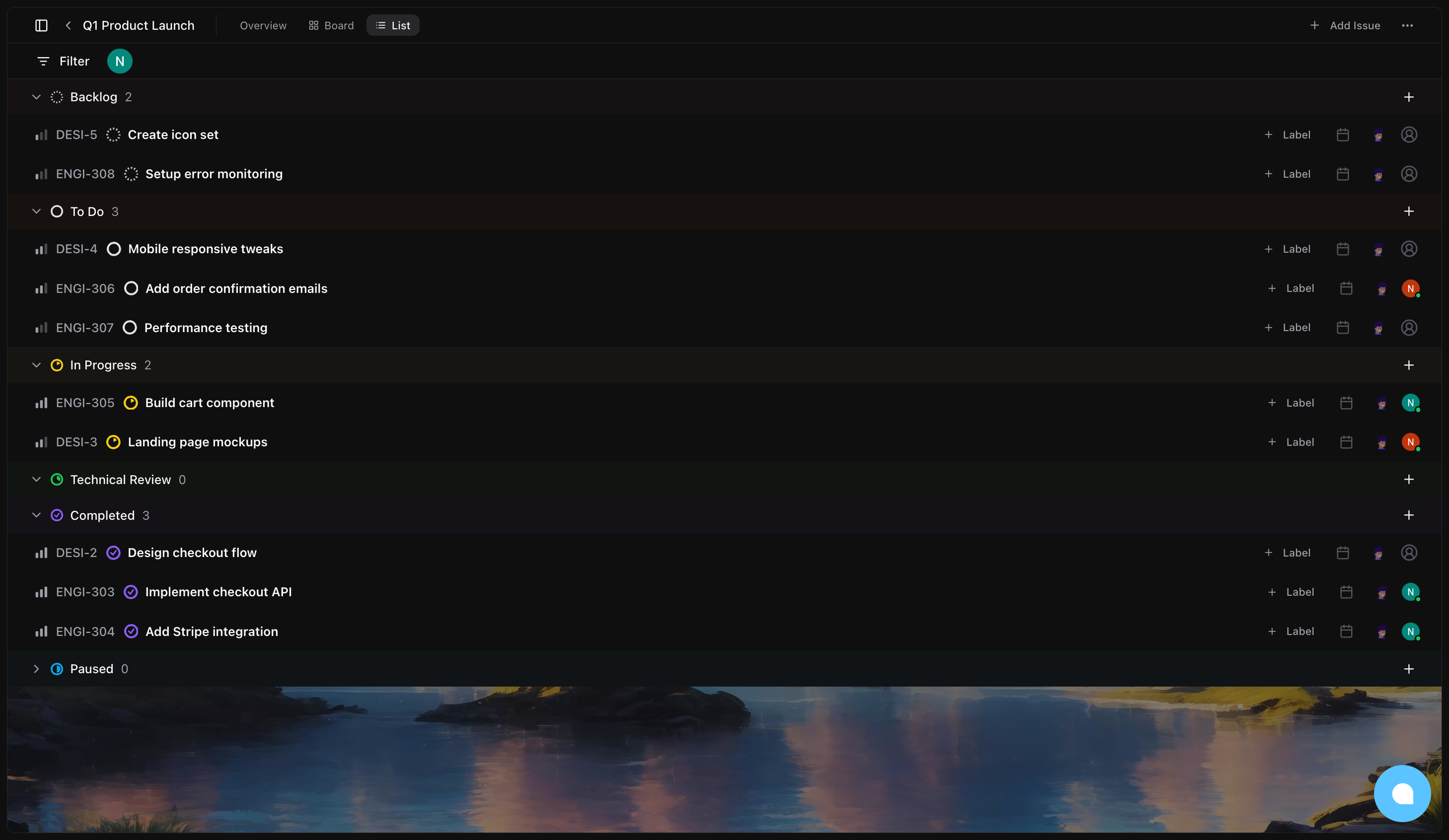 Project list view showing issues in a condensed list format